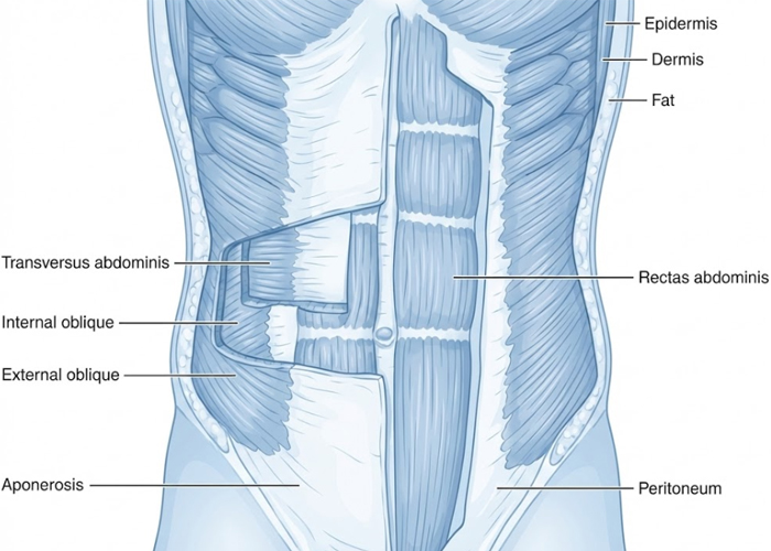 Anterior view of the abdominal wall musculature