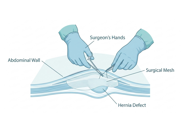 Open hernia surgery illustration